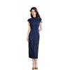 1011 new navy blue rhombus plaid improved cheongsam retro style short-sleeved long young daily wear dress