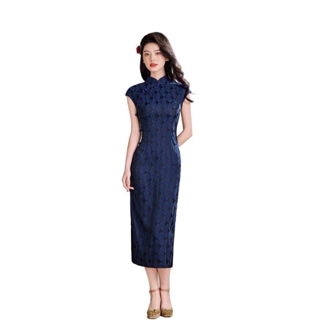 1011 new navy blue rhombus plaid improved cheongsam retro style short-sleeved long young daily wear dress