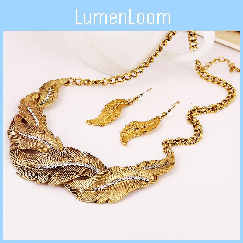 Fashion Rhinestone Decoration Feather Design Women Gold Necklace And Earring Set For Party And Holiday Gifts