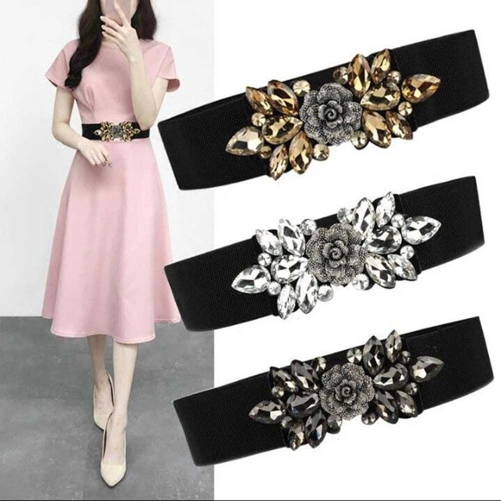Korean Style Women Waistband Rose Flower Rhinestone Waist Belt Elastic Cummerbunds  Jacket