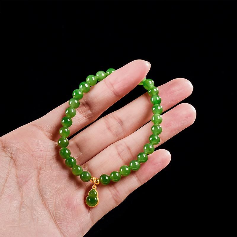 Genuine Natural Hetian Green Jasper Chinese Style Beaded Bracelet for Women with Gourd Charm Pendant