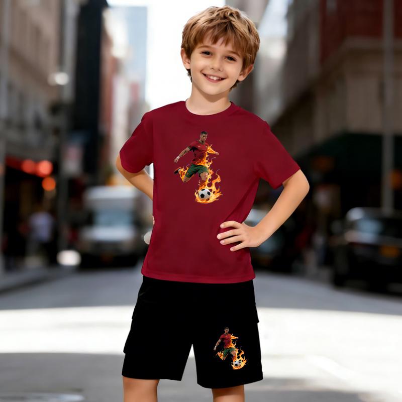 Boys 2 Piece Football Theme Print Outfit, Short Sleeve T-Shirt and Shorts Set for Kids Age 5-14,Black and White Sporty Casual Summer Clothes