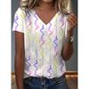 Womens V-Neck Loose Fit Short Sleeve T-Shirt With Colorful Geometric Starry Print Casual Top