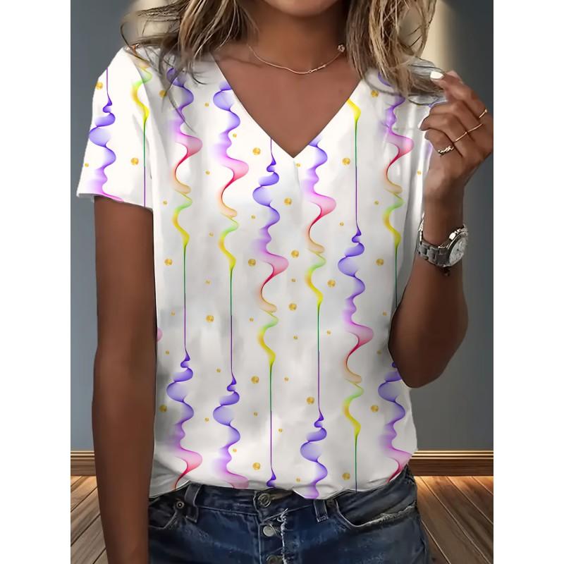 Womens V-Neck Loose Fit Short Sleeve T-Shirt With Colorful Geometric Starry Print Casual Top