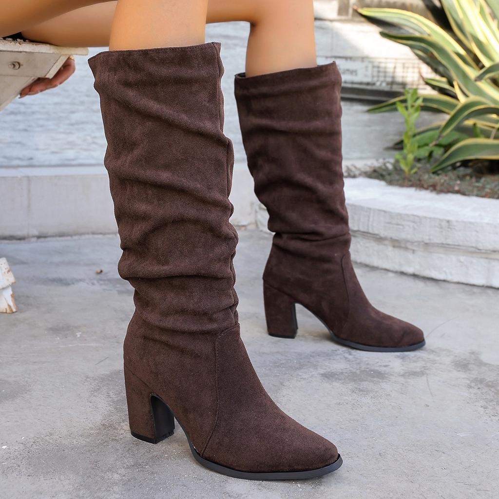 Pointed pleated high-heeled fashion boots winter velvet suede high tube stacking boots women