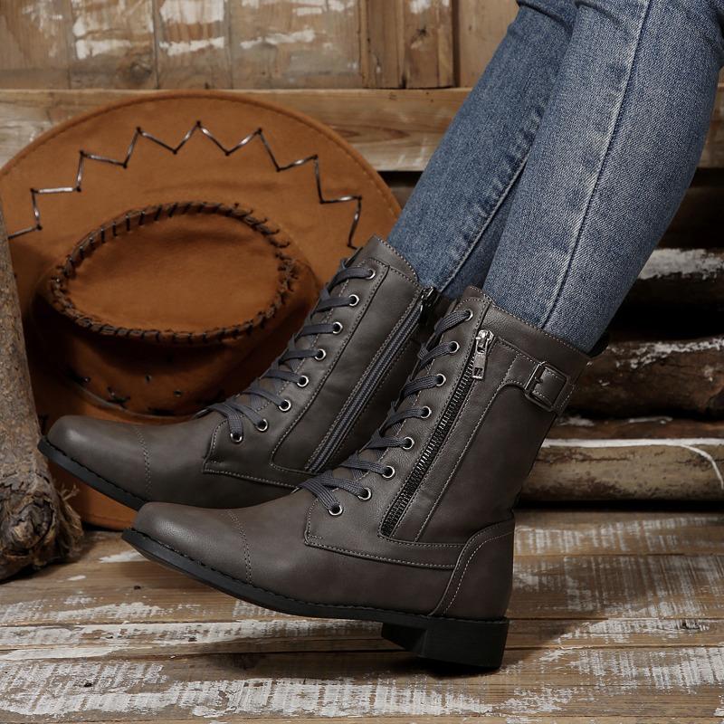 Women's Round Toe Lace-Up Mid-Calf Martin Boots, Side Zipper Chunky Heel Leather Boots, Plus Size Fall Winter Shoes