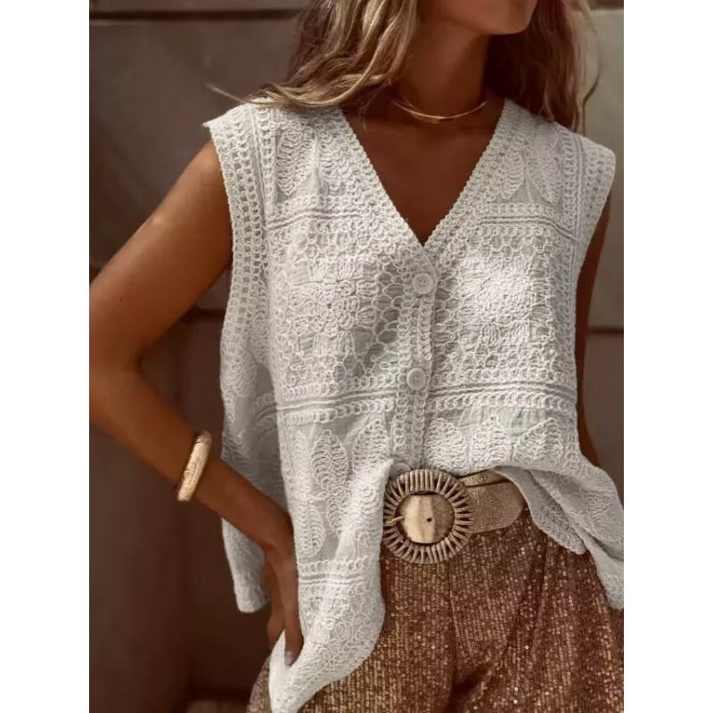 Crochet V-Neck Vest Cardigan Sleeveless Knit Top Women