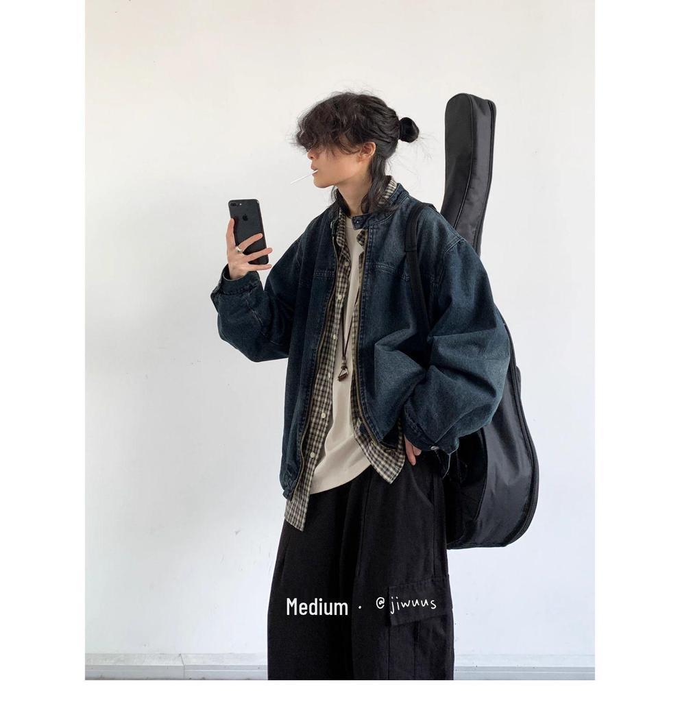 Pánská japonská retro distressed džínová bunda na jaro a podzim - Ležérní, volný střih pro páry