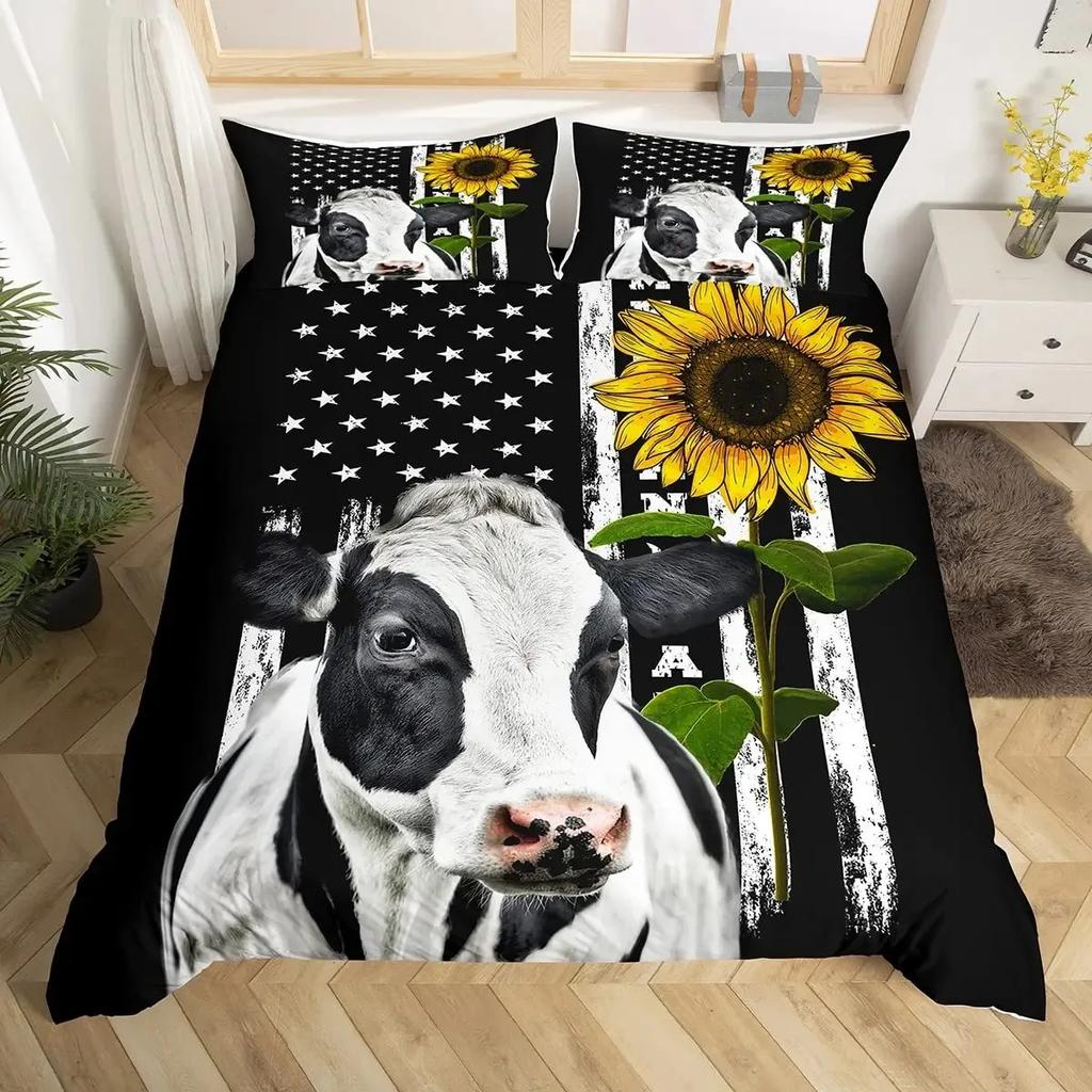 Krowy Zestaw Poszewki na Kołdrę Rozmiar Pełny Nadruk Krowy Mlecznej Poszwa na Kołdrę Motyw Zwierząt Gospodarskich Zestaw Pościeli Dekoracja Pokoju,Kwadratowa Poszwa na Kołdrę