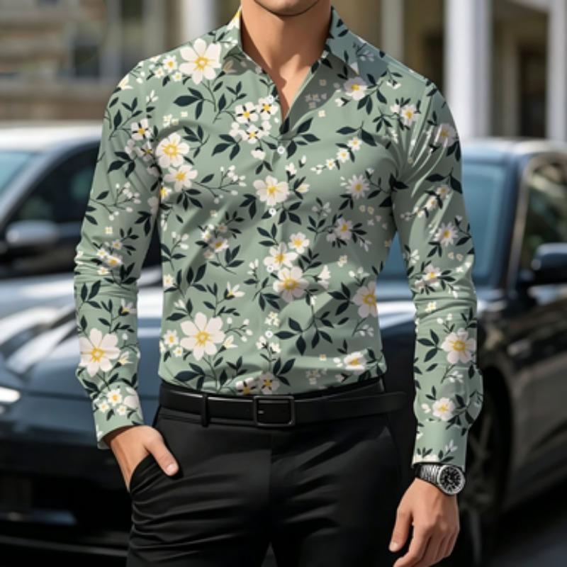 Herren langärmliges Hemd mit Knopfleiste und Kragen, floraler Aufdruck, formell, romantisch, große Blume blühende Blume Ganzkörperdruck, Herren Tropi