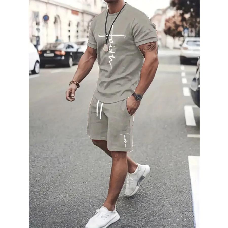 Mens T Shirt Shorts Set Fashion Mens Cross Printed Short Sleeve Two Pieces Oversized Outdoor Beach Sports Men's Plus Size Suit