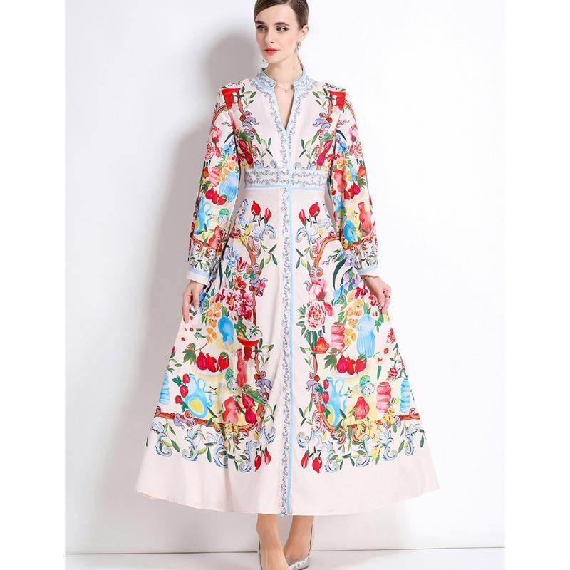 Frühling Herbst Damen Designer Print Laufstegkleid V-Ausschnitt Einreiher Lang Maxi Partykleider