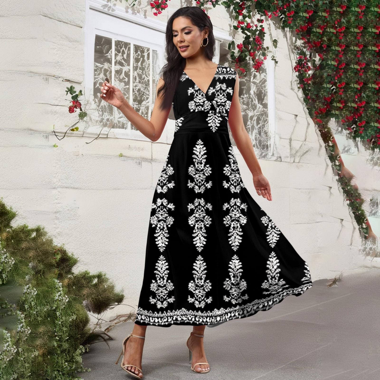 

Жіноча повсякденна та модна сукня без рукавів з V-подібним вирізом і квітковим принтом Сукня без рукавів M чорний