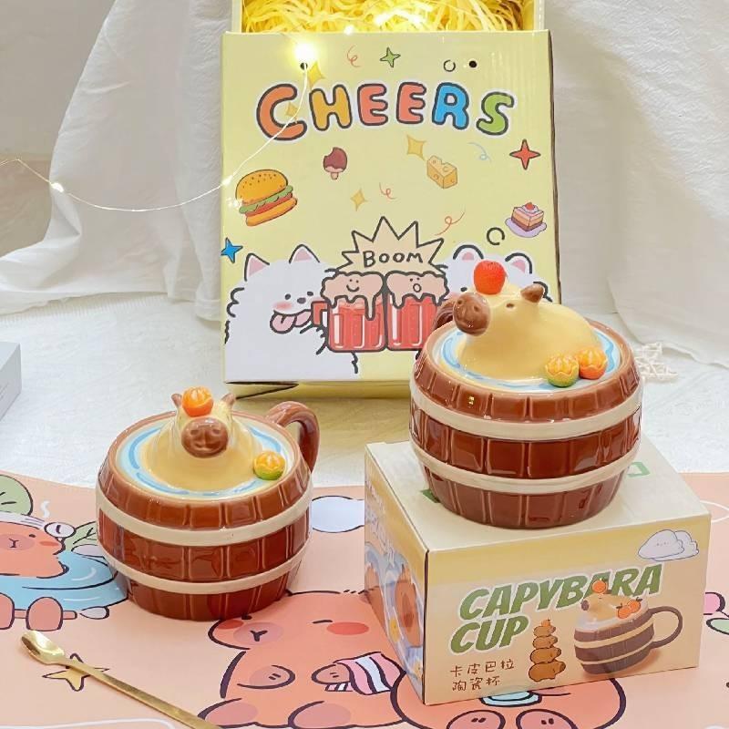 Capacity Capybara Large Ceramic Mug Coffee Cup Gold Spoon Girl Birthday Gift