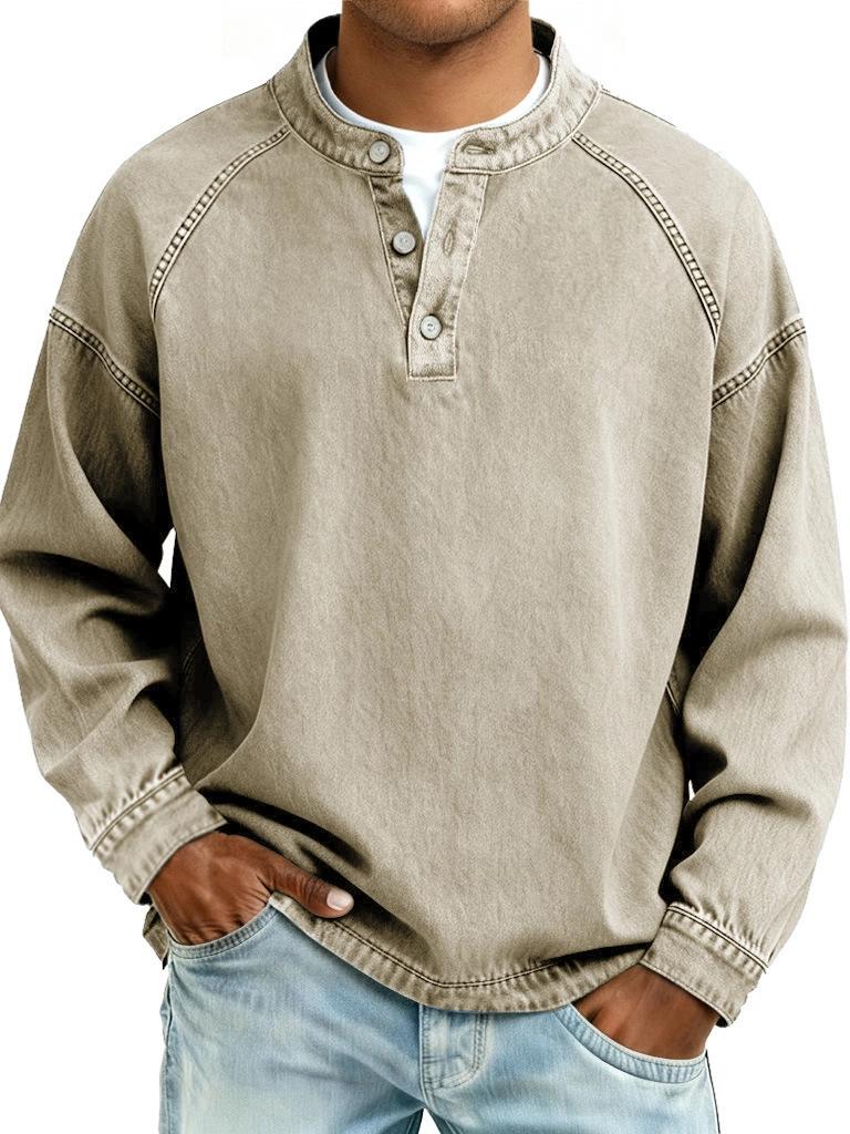 Men S Vintage Washed Stand Collar Long Sleeve Loose Solid Color Sweatshirt
