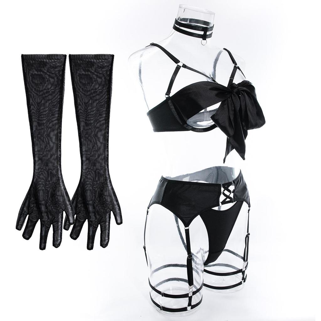 Sexy Bondage Hollow Belt Long Gloves & Chest Straps Lingerie Set