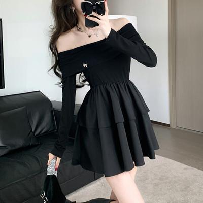 One-length Neck A-line Short Skirt Long-sleeved Dress for Women's Spring and Autumn Clothes Sweet Slim Waist-hugging Little Black Skirt
