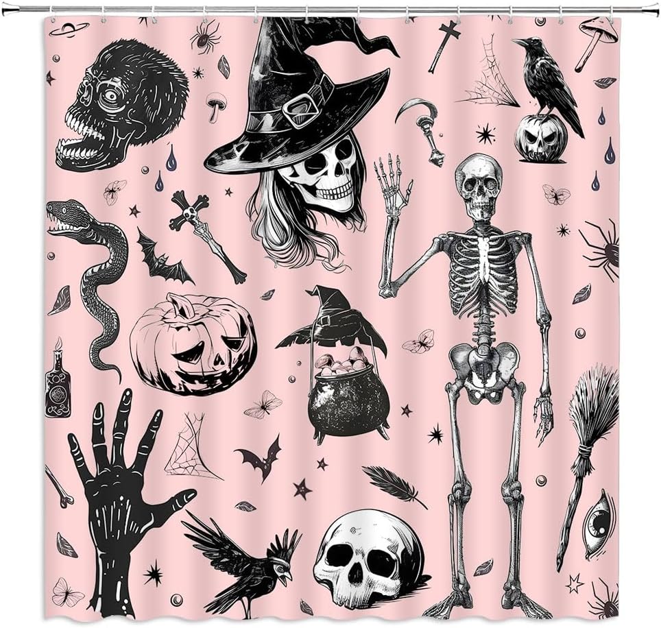 Happy Halloween Shower Curtain Gothic Skull Spooky Pumpkin Witchy Magic Witch Creepy Horror Skeleton Witchcraft Scary Cute