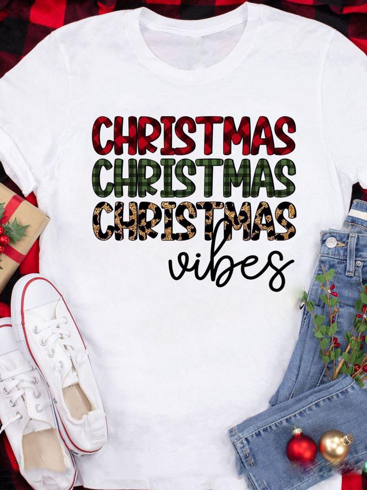 (Asian Size) Tee Top Festival  Merry Christmas New Year Holiday Casual Love Heart Plaid Women Print Lady Short Sleeve Fashion Graphic T-shirts