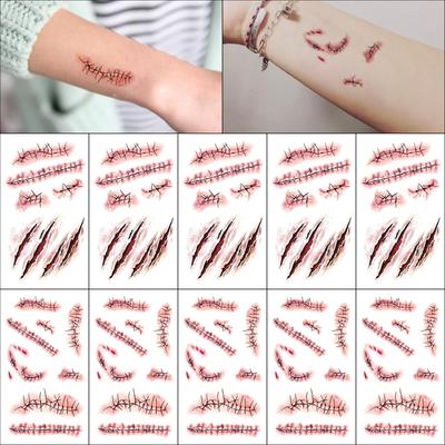 10 Sheets Halloween Terror Wound Temporary Tattoo Waterproof Realistic Blood Tattoos Injury Scar Tattoo Stickers For Face Hands