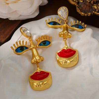 Mittelalterlich Vintage Western Retro Rote Lippen Nase und Augenmarkierung Ohrringe Silbernadel Galvanisierung Echtgold Dreidimensionales Design