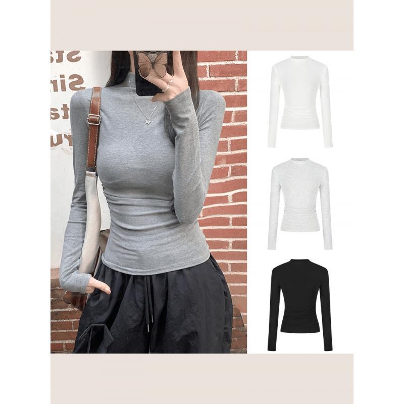 Pleated Slim Fit Long-Sleeve Turtleneck Top for Autumn and Winter