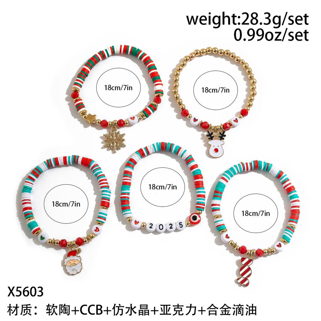 Christmas Soft Pottery Beaded Bracelet Set, Creative Holiday Gift Snowman Elk Alphabet Bracelet