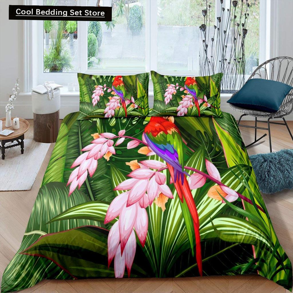 Parrot King Queen Duvet Cover Colourful Feather Bedding Set Rain Trees Bird Quilt Cover Sunset Mountain Natural Comforter Cover