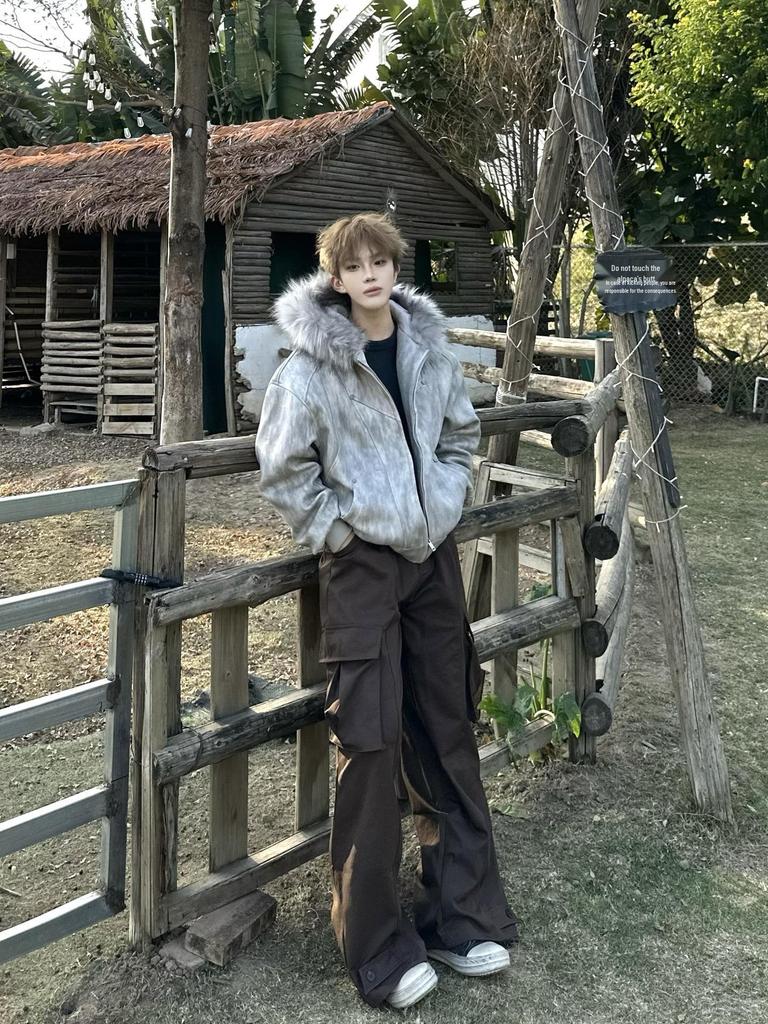 Unisex American Design Ink-Dyed Hooded Jacket with Fur Collar and Cotton Padding for 2025 Autumn/Winter.
