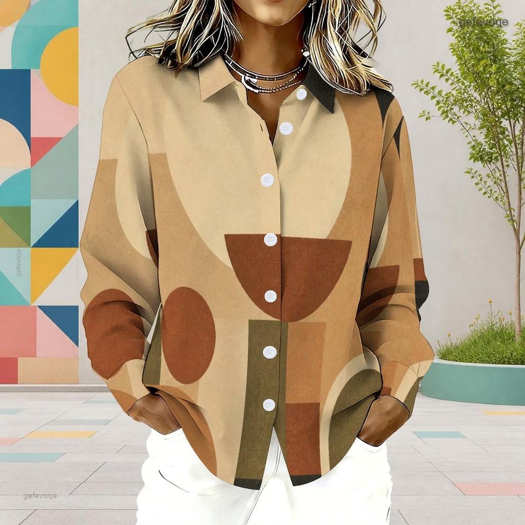 Women Plus Size Collared Long Sleeve Geometric Printed Button Front Shirt