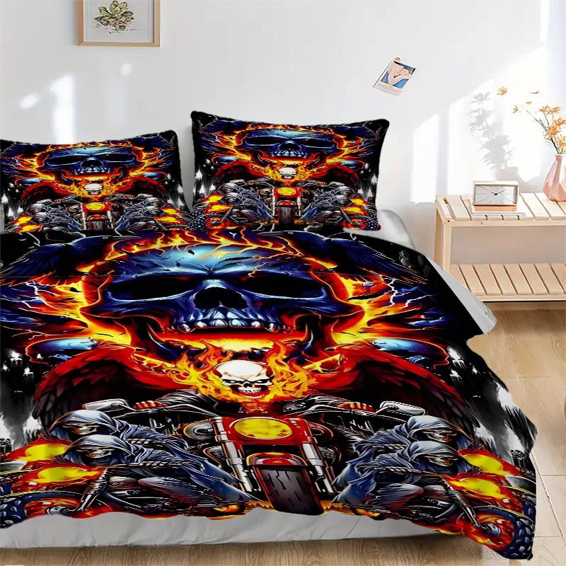 3pcs Ghost Rider Motorcycle Skull Decorative Bedding Set - Includes One Quilt Cover and Two Pillowcases (No Core) - Anime Cartoon Design for Bedroom a