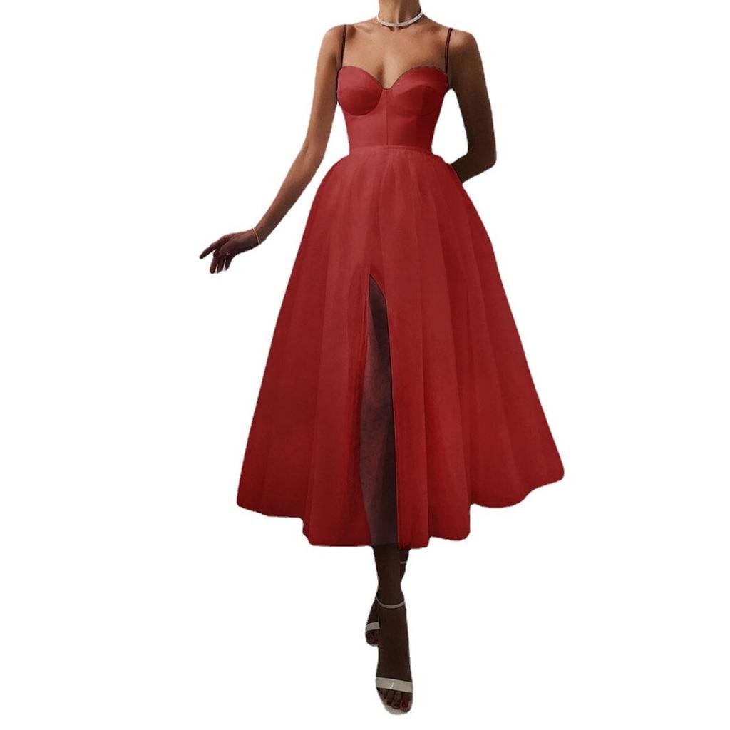 Frühling Sommer Neues Europäisches Amerikanisches Stil Damen Einfarbiges Netzarmband Kleid