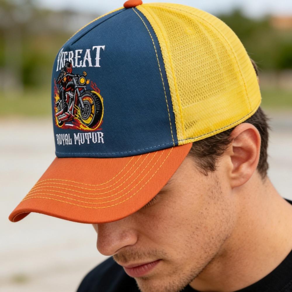 New Motorcycle Embroidered Trucker Hat Flame Biker Patch Baseball Cap For Man Woman Breathable Streetwear Summer Mesh Caps