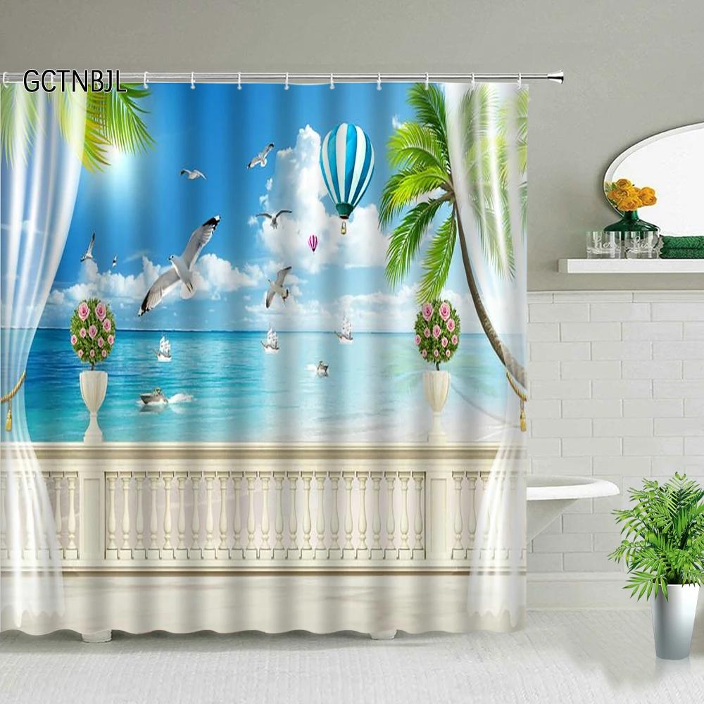 Ocean Scenery Shower Curtains Ldyllic Building Flower Plant Spring Landscape Bathroom Curtain Waterproof Fabric Bathtub Screen