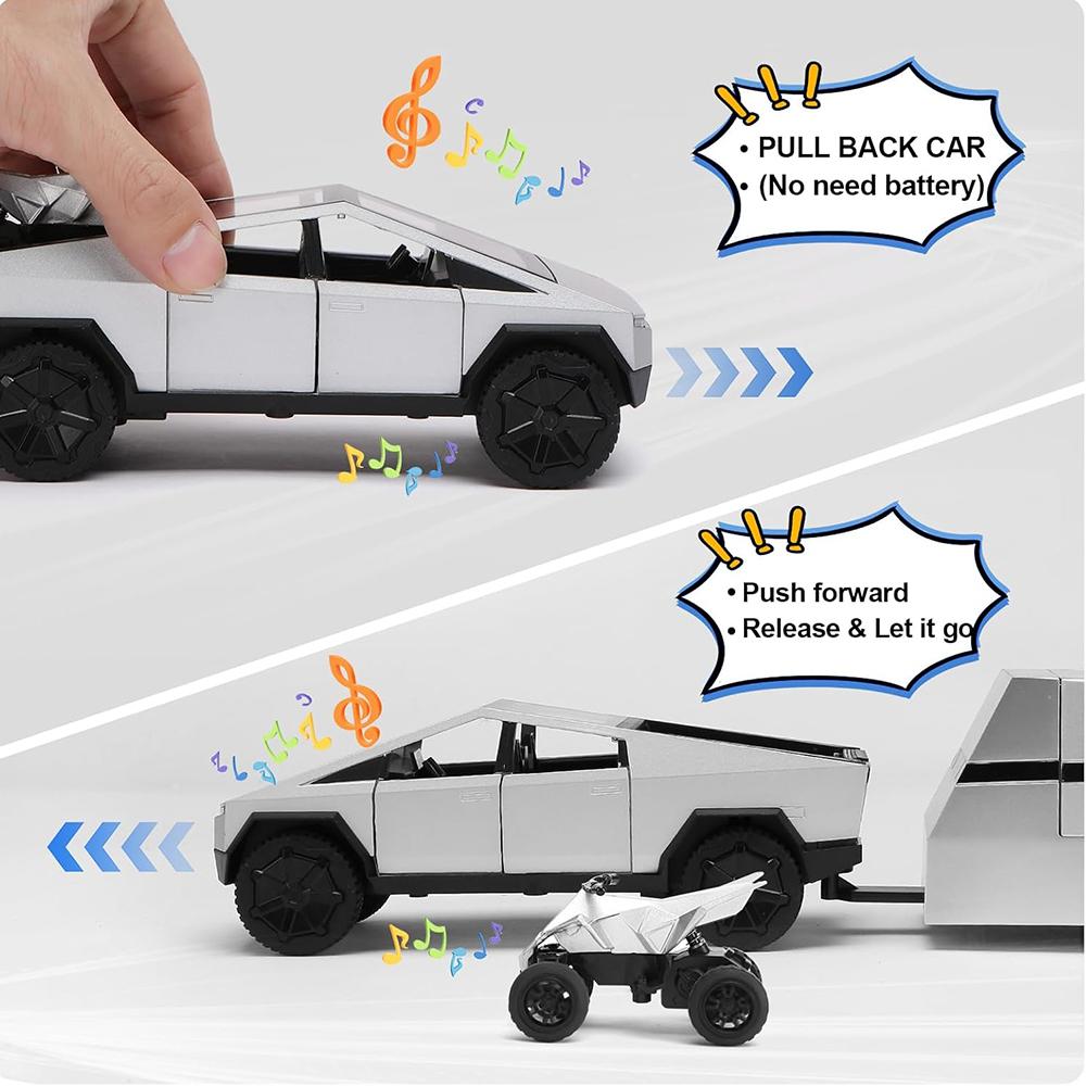 1Set 3PCS Silver Cyber Truck Toy with RV & Motorcycle with Sound and Light Alloy
