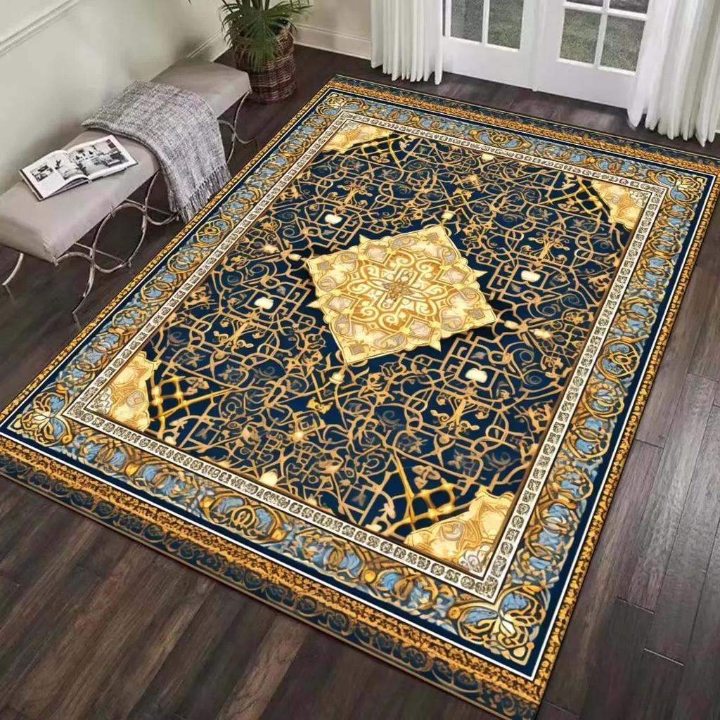 Old Style Living Room Carpet Boho Blue Non-slip Area Rugs Decor Bedroom Washable Hallway Floor Mats Elastic Bedside Mat Flannel