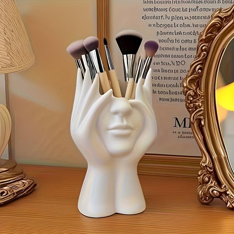 Creative Human Art Sculpture Makeup Brush Holder Pen Cup, Desktop Mounted Makeup Brush Organizer, PVC Material, Anti-Drop Design Statue Ornament