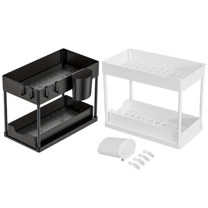 Versatile 2 Levels Under Sink Rack with Sliding Out Drawer Sturdy Spices and Dish Holder for Home Organization