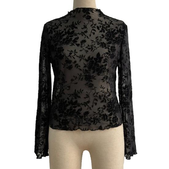 Women's Long Sleeve Mesh Top Mock Neck Floral Sheer See Through Shirt Sexy Party Club Night Going Out Blouse