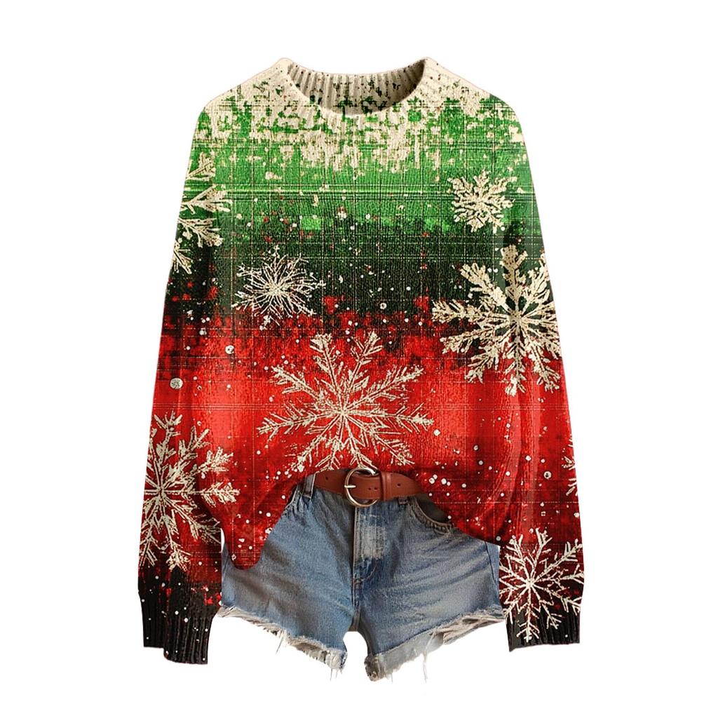 Pulover de Crăciun amuzant pentru femei cu gât rotund, pulover de Crăciun, ținută de Crăciun, pulover urât, costum de Crăciun