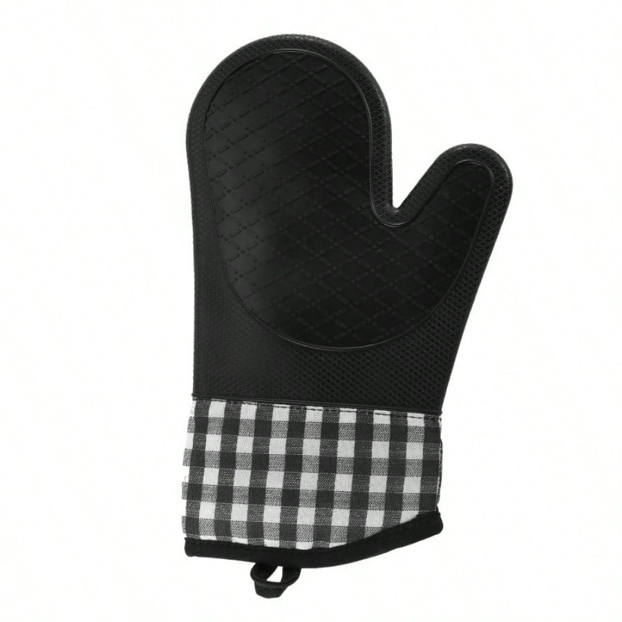 1Pc Thickened Oven Silicone Anti-scalding Glove, Kitchen Supplies, Plaid Printed Gloves Microwave Oven Silicone Thermal Insulation Gloves