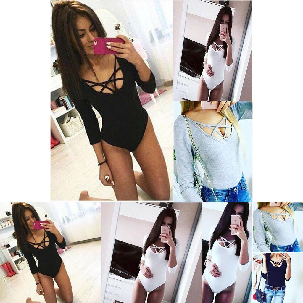 Eleganter Damen V-Ausschnitt Tiefer Ausschnitt Langarm Einfarbig Stretch Body Catsuit Leotard Top