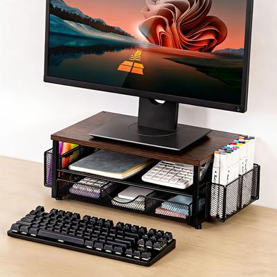 DCGLA Monitor Stand, Desktop Stand, 3-Tier Storage, Drawer Storage, 2 Hanger Baskets, Drawer Dividers, 50kg Weight Capacity, Installation Instructions