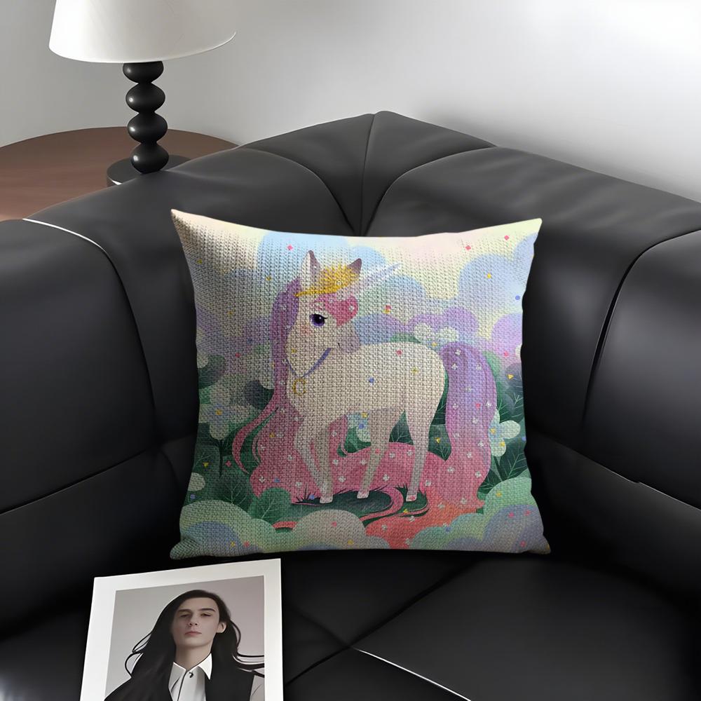 Unicorn Cute Cushion Cover Natural Linen Organic Fabric DoubleSided Printing Sofa Home Decor Gift Pillow Case