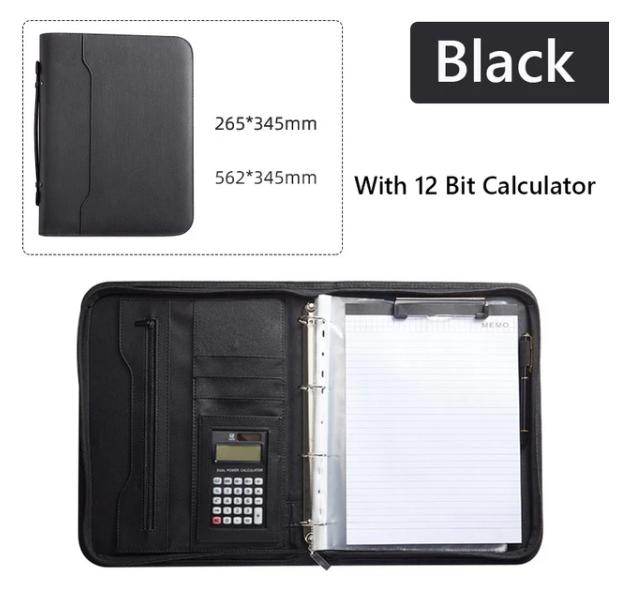 A4 PU Leather Business Padfolio Organizer Case Binder Manager Document Pad Office Zippered Briefcase File Folder with Calculator