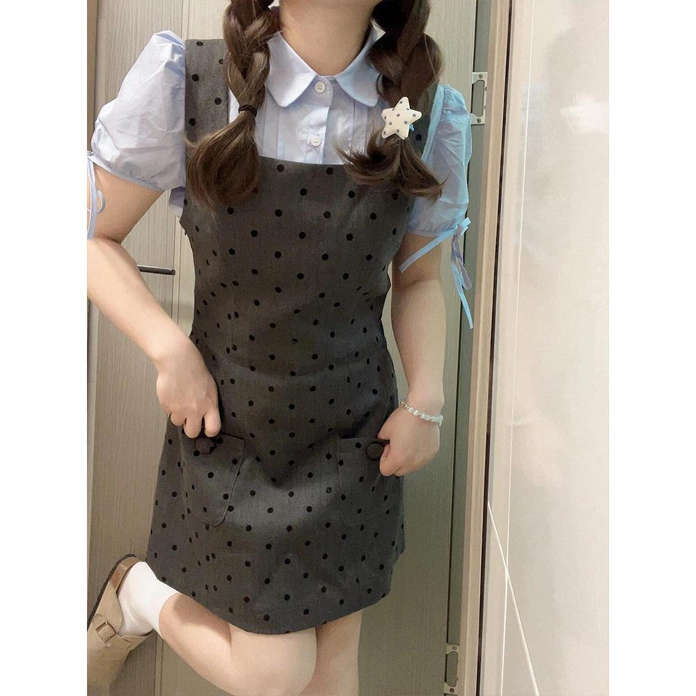 Preppy suit polka dot camisole dress petite dress women's new summer short-sleeved strappy shirt