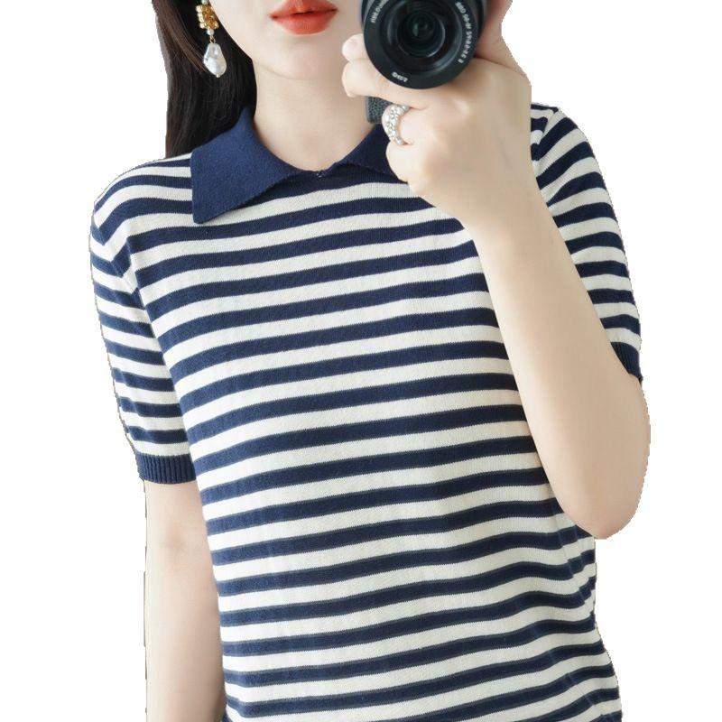 Dame Sommerstrikket Polosweater med Striper - Kortarmet Bomulls-T-skjorte med Søt, Komfortabel Stil
