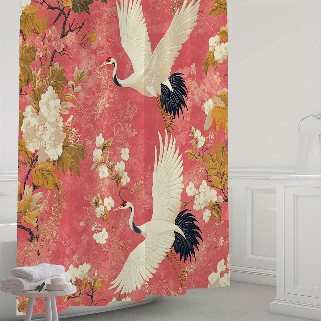 Elegant Oriental Crane Shower Curtain for a Luxurious and Inviting Bathroom, Featuring Graceful White Cranes In Flight Against