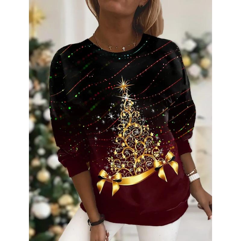 

Весенне-осенний топ с круглым вырезом и 3D-принтом на рождественскую тематику, модные повседневные женские футболки с длинным рукавом 5XL