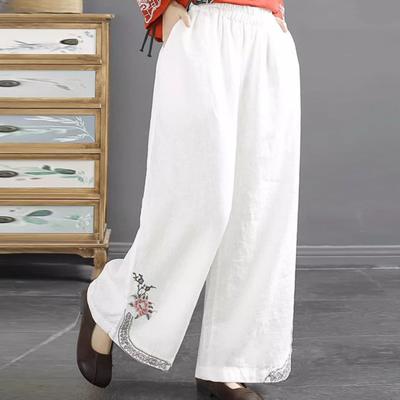 Chinese Style Long Pants Elastic Waist Wide Leg Casual Trousers Pockets Design Loose Fit Retro Pants